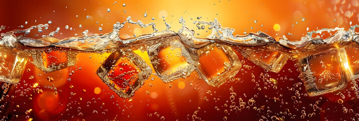 Wall Mural - A refreshing soda drink or cola, served with ice cubes, creating a splash and bubbles, perfect for a summer party or celebration.