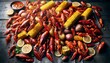 A professional photograph of a Louisiana Crawfish Boil, capturing the festive and communal spirit of the event with a spread of boiled crawfish, corn and potatoes.