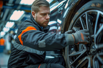 Poster - Man Working on Car Wheel in Garage