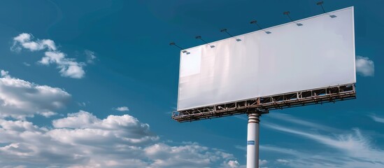 Wall Mural - Large white blank billboard or promotion poster showcased outdoors against a backdrop of blue sky, featuring marketing messages and details.