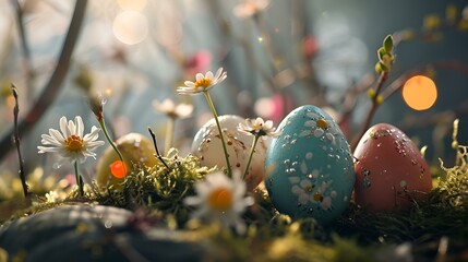 Wall Mural - colorful easter eggs on the grass and flowers
