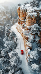 Wall Mural - Icy Mountain Road Aerial View, road adventure, path to discovery, holliday trip, Aerial view