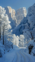 Wall Mural - Frozen Mountain Road Aerial View, road adventure, path to discovery, holliday trip, Aerial view