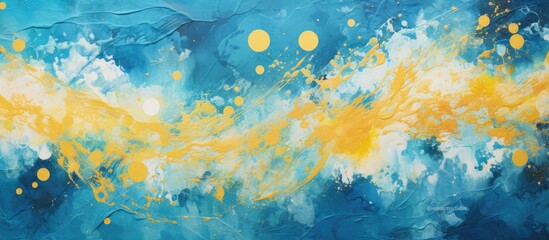 Wall Mural - A mesmerizing painting featuring a vibrant blue and yellow background, reminiscent of a natural landscape with a captivating sky and serene water element