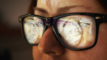 Poster - In the reflection of glasses on a female face, surfing the Internet and making money with growing graphs and the movement of fiat dollars. Inflation and rising prices. Cash. Cg