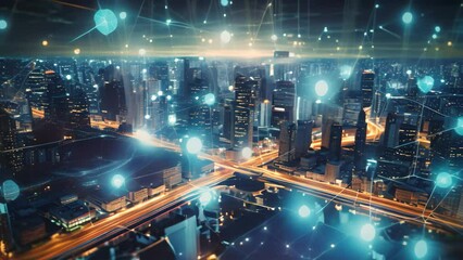 Poster - cityscape with connected lines and dots, modern urban network infrastructure, an abstract digital te