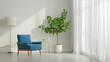Modern room interior: white walls and curtains, blue chair, indoor plants.