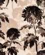 Elegant flowers and stems monochrome seamless pattern in brown tones. Wallpaper, bedding, textile, apparel fabric, poster, home decor, package.