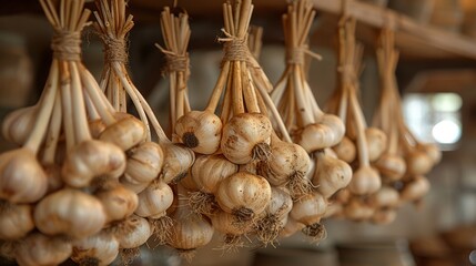 To dry the garlic harvested, it is hung in bundles