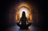 Fototapeta  - woman meditating front the universe