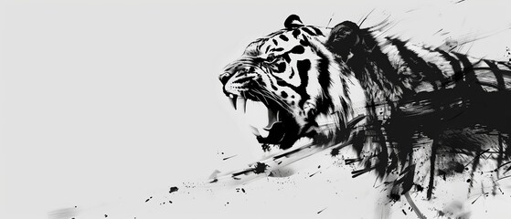    A monochrome picture of a tiger's head with smudges of paint on its facial region