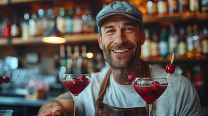   A man is seated at a bar with two glasses holding liquids and a toothpick protruding from one of them