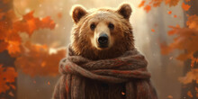 Autumn Embrace: Cozy Bear Wrapped In A Scarf Among Falling Leaves Banner