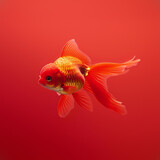 Fototapeta Dziecięca - Elegant Goldfish in Red: A single goldfish swimming in a striking red backdrop, embodying simplicity and elegance in aquatic design