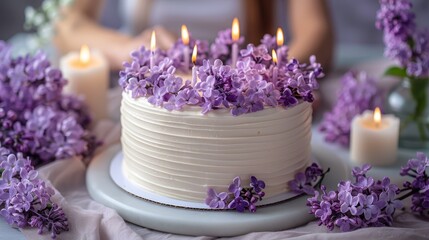 Poster -   A photo of a cake with purple flowers on top, taken from a close-up angle, featuring a person seated in the backdrop