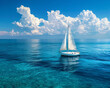 A lone sailboat with white sails gliding across a calm turquoise ocean, with a clear blue sky and fluffy white clouds