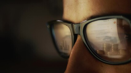 Poster - In the reflection of glasses on a male face, surfing the Internet and growing graphs and a diagram of increasing coins. Business and finance. Cg