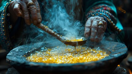  Witch making potion, close up old hands cooked potion in boiling cauldron. Walpurgis night 30th April. Witch in scary Halloween laboratory making wizard green potion on dark color background