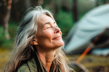 Wall Mural - woman with eyes closed breathing fresh air while camping in woods.