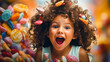 portrait of a cute funny surprised curly girl against the background of a lot of candies in the store. happy childhood of a child