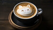 Cup of coffee with latte art, milk foam cat illustration. Cozy atmosphere. Cup of cappuccino on wooden table for coffee lovers.