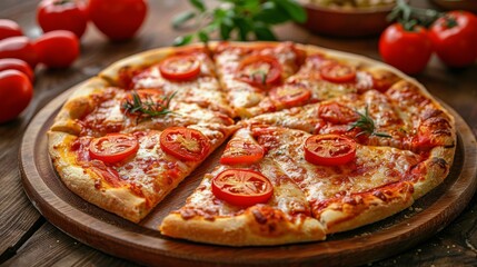 Wall Mural - Sliced Pizza With Tomatoes on Wooden Board