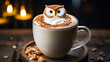 Cup of coffee with latte art, milk foam owl illustration. Cozy atmosphere. Cup of cappuccino on wooden table for coffee lovers.