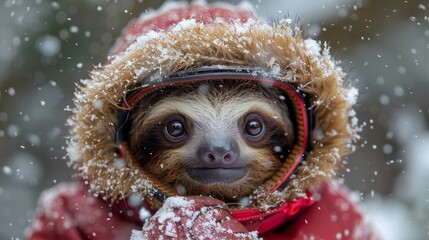 Wall Mural -   A sloth in a red jacket and hat with a hood, against a snowy background