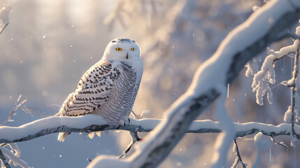 Wall Mural - Pristine snowy owl perched on a snow-covered branch in the Arctic tundra.