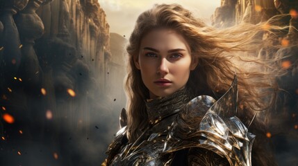 Wall Mural - A woman with long blonde hair, wearing armor, stands in front of a canyon with rocks and fire.
