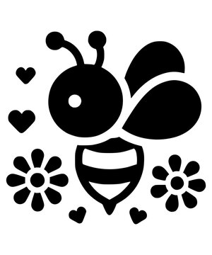 Cute cartoon honey bee with flowers and hearts, black color only vector style clipart honeybee logo tattoo silhouette illustration