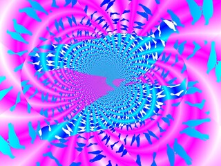 Poster - Pigeons - abstract graphic and pattern in pink and neon turquoise colors and effect of rays, movement, space, depth and infinity. Topics: birds, nature, abstraction, computer art, illustration
