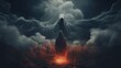A hooded figure standing in front of a mystical hooded being. The sky is filled with dark clouds and smoke.