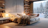 Fototapeta  - A modern bedroom with wooden furniture, a concrete floor, warm lighting in a winter day