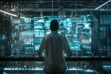 Poster - A man is looking at a computer screen with a lot of numbers and graphs
