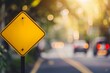 yellow blank road sign on blurred background of car driving Generative AI