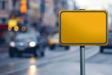 Wall Mural - A yellow blank traffic sign on a blurred background of a car driving in motion Generative AI