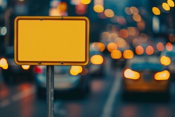 Wall Mural - A yellow blank road sign on a blurred background of car traffic Generative AI