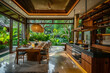Modern cozy interior of a bright Balinese-style kitchen with many plants