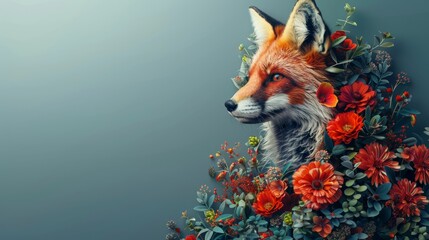 Wall Mural - A fox is surrounded by flowers and leaves