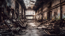 A Large Abandoned Factory With Crumbling Metal Wall And Wooden Chairs