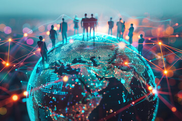 Poster - The globe is blue and the people are in various positions around it