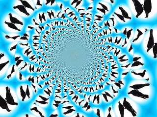 Poster - Dark silhouettes of pigeons - abstract graphic and pattern with turquoise colors and effect of rays, movement, space, depth and infinity. Topics: birds, nature, abstraction, computer art, illustration