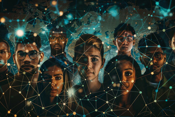 Poster - A group of people are standing in front of a globe