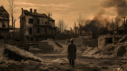 Poster - a person stands near an old destroyed town