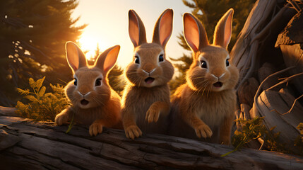 Wall Mural - a team of rabbits stand near a tree in the forest