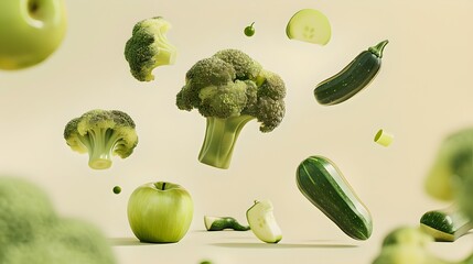 Poster - Fresh green vegetables and fruits floating on a light background. Healthy eating concept. Vibrant food photography. Perfect for nutrition-related content. AI