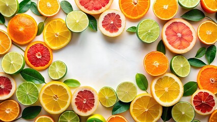 Wall Mural - Generative ai. a close up of a circle of citrus and limes with leaves, fruits