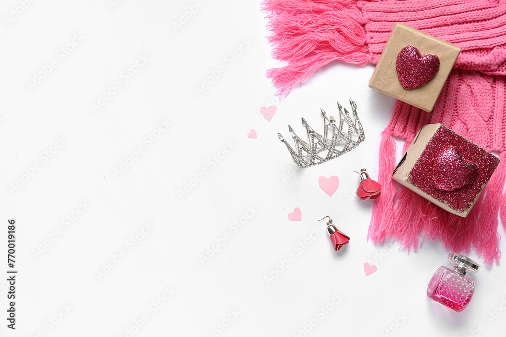 Composition with female accessories and beautiful gift boxes on white background