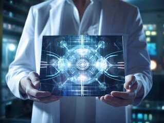 Poster - A man is holding a tablet with a blue and white image of a complex structure